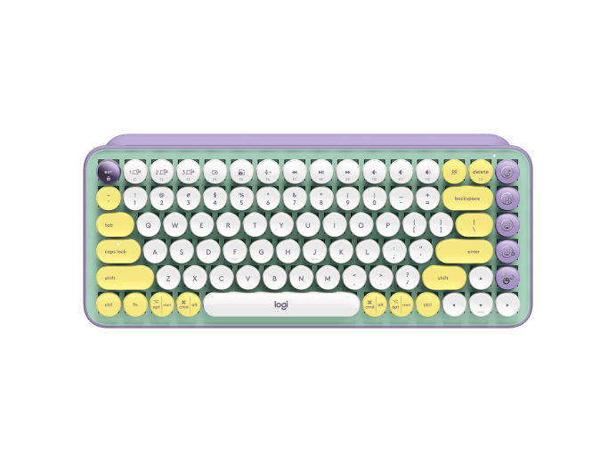 Teclado inalámbrico Logitech emojis Pop keys Multi-device menta lila blanco y amarillo 920-010714