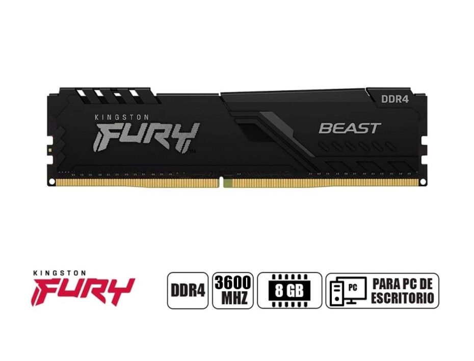 Memoria Kingston Fury Beast, 8GB, DDR4 3600 MHz, PC4-28800, CL17, 1.35V.