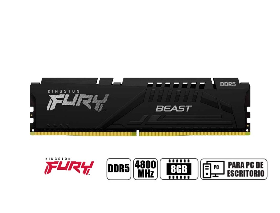 Memoria Kingston Fury Beast 8GB DDR5-4800MHz PC5-38400 CL38, 1.1V, 288 pines, XMP 3.0