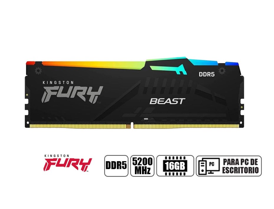 Memoria Kingston Fury Beast 16GB DDR5-5200MHz PC5-41600 CL40, 1.25V, 288-Pin, XMP 3.0, RGB