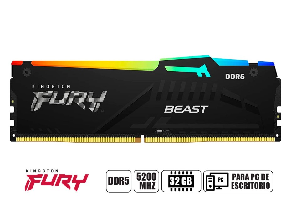 Memoria Kingston Fury Beast 32GB DDR5-5200MHz, PC5-41600, CL40, 1.25V, 288-Pin, Non-ECC