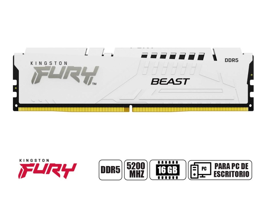 Memoria DIMM Kingston FURY Beast White, 16GB DDR5-5200MHz PC5-41600, CL40, 1.25V, Non-ECC