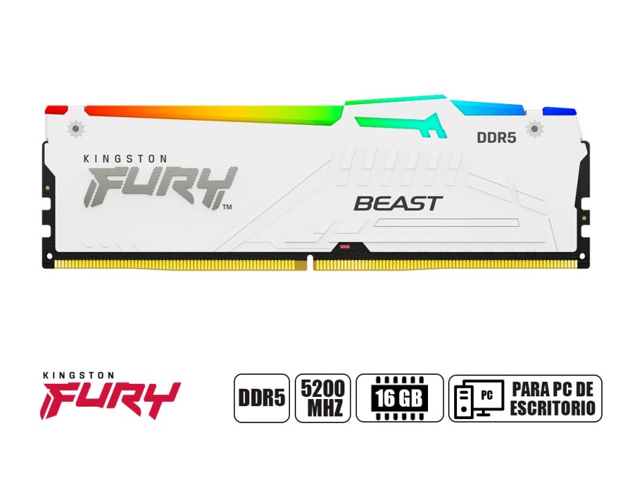 Memoria Kingston FURY Beast White RGB, 16GB DDR5-5200 MHz, CL-40, 1.25V, White