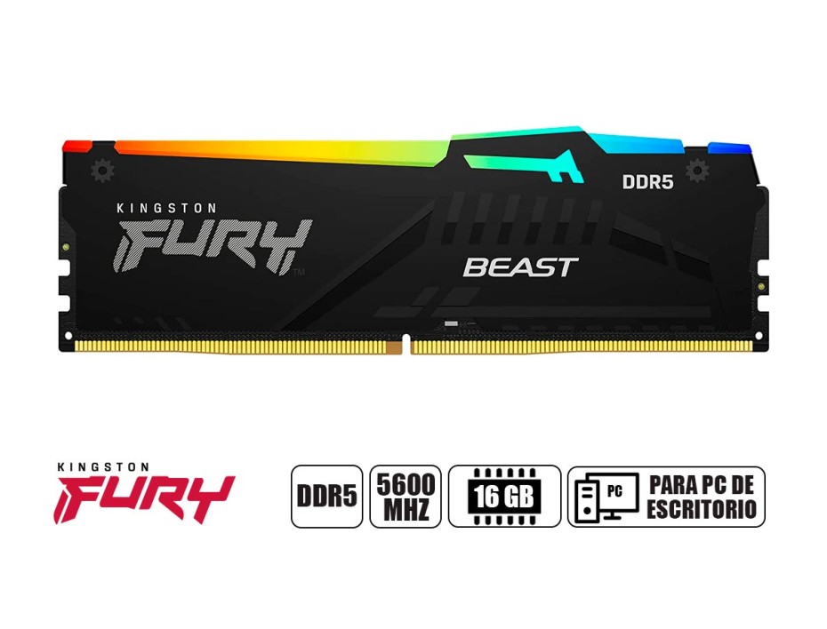 Memoria Kingston Fury Beast 16GB DDR5-5600MHz PC5-44800 CL40, 1.25V, 288-Pin, XMP 3.0, RGB