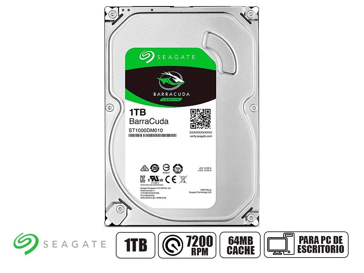 Disco duro Seagate Barracuda, 1 TB, SATA 6Gb/s, 64 MB de caché, 3,5", 7200 rpm