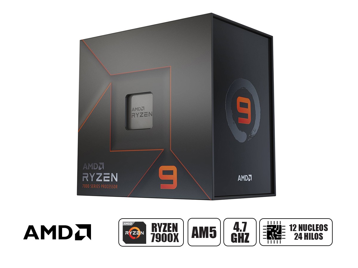 Procesador AMD Ryzen 9 7900X 4.7/5.6GHz, 64MB L3, 12-Core, AM5, 5nm, 170W.